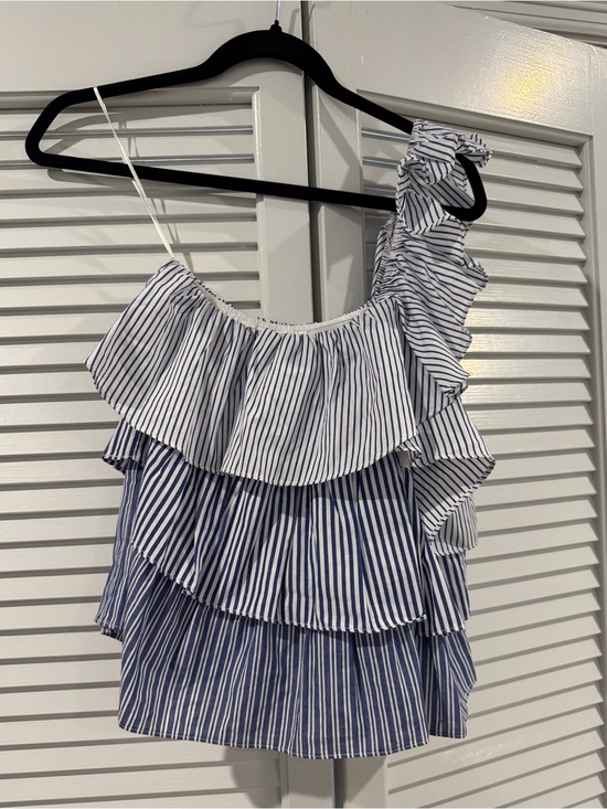 DO+BE Tops - DO+BE White and Navy Striped Ruffle One-Shoulder Blouse